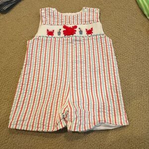 Claire and Charlie smocked and crocheted 24m crab seersucker Jon Jon